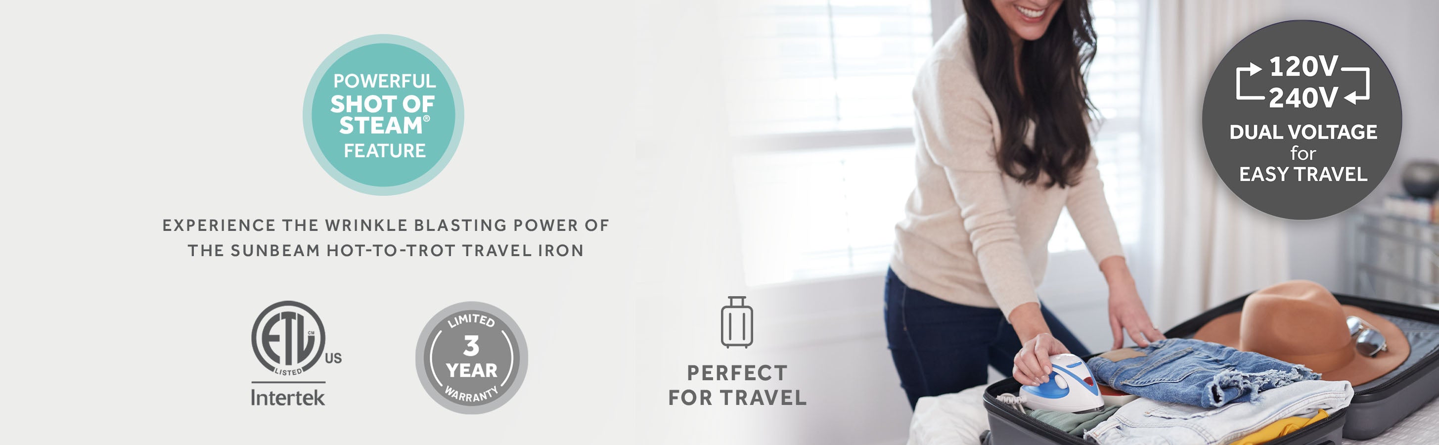 Sunbeam 800W Hot-2-Trot Travel Iron, White/Blue
